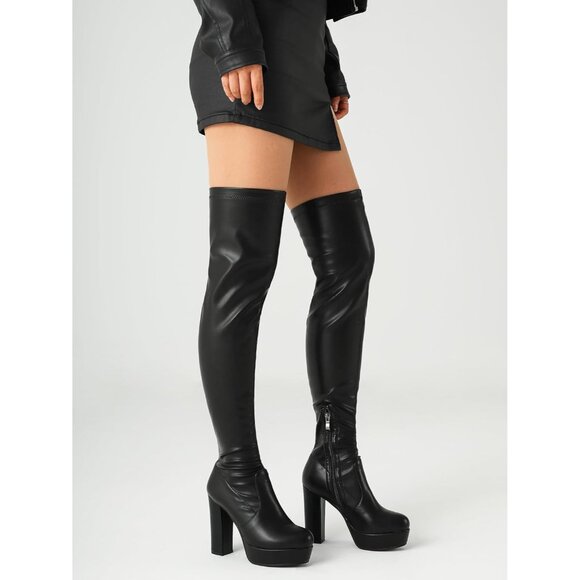 Women Black-pj-pu Synthetic Chunky Heel Side Zipper Thigh High Western Boots - Picture 9 of 9